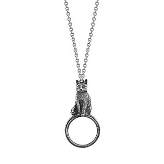 1928 Jewelry Vintage Antiqued Pewter Cat Magnifying Glass Pendant Necklace