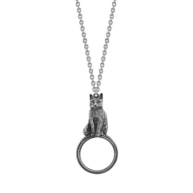 1928 Jewelry Vintage Antiqued Pewter Cat Magnifying Glass Pendant Necklace,