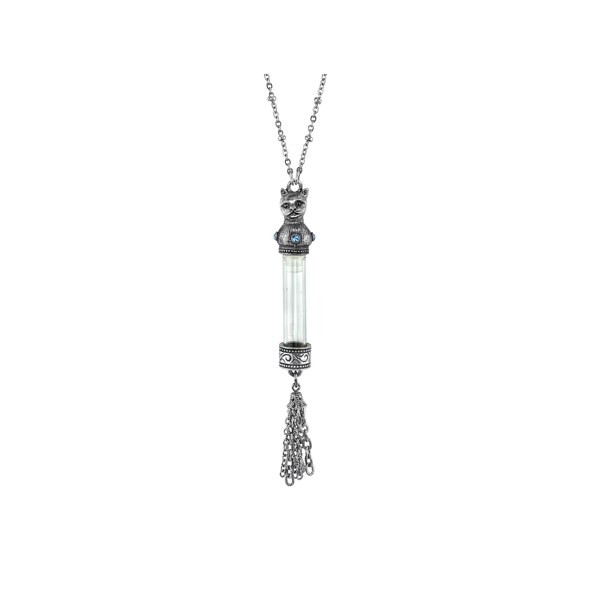 1928 Jewelry Pewter Filigree Blue Crystal Cat Motif Vial Tassel Pendant Nec