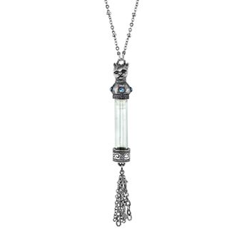 1928 Jewelry Pewter Filigree Blue Crystal Cat Motif Vial Tassel Pendant Necklace