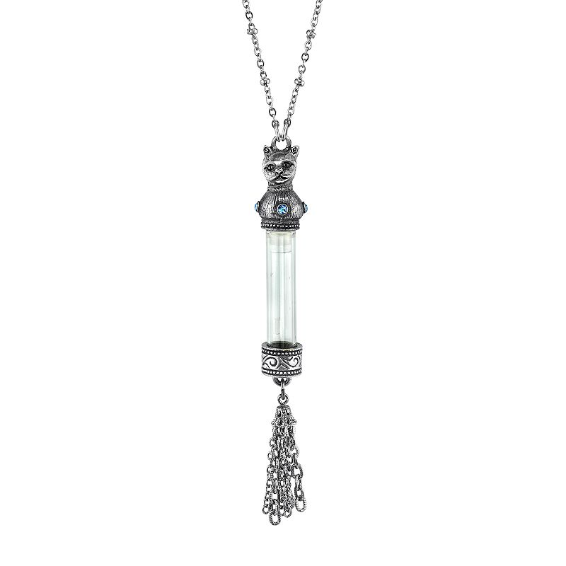 1928 Jewelry Pewter Filigree Blue Crystal Cat Motif Vial Tassel Pendant Nec