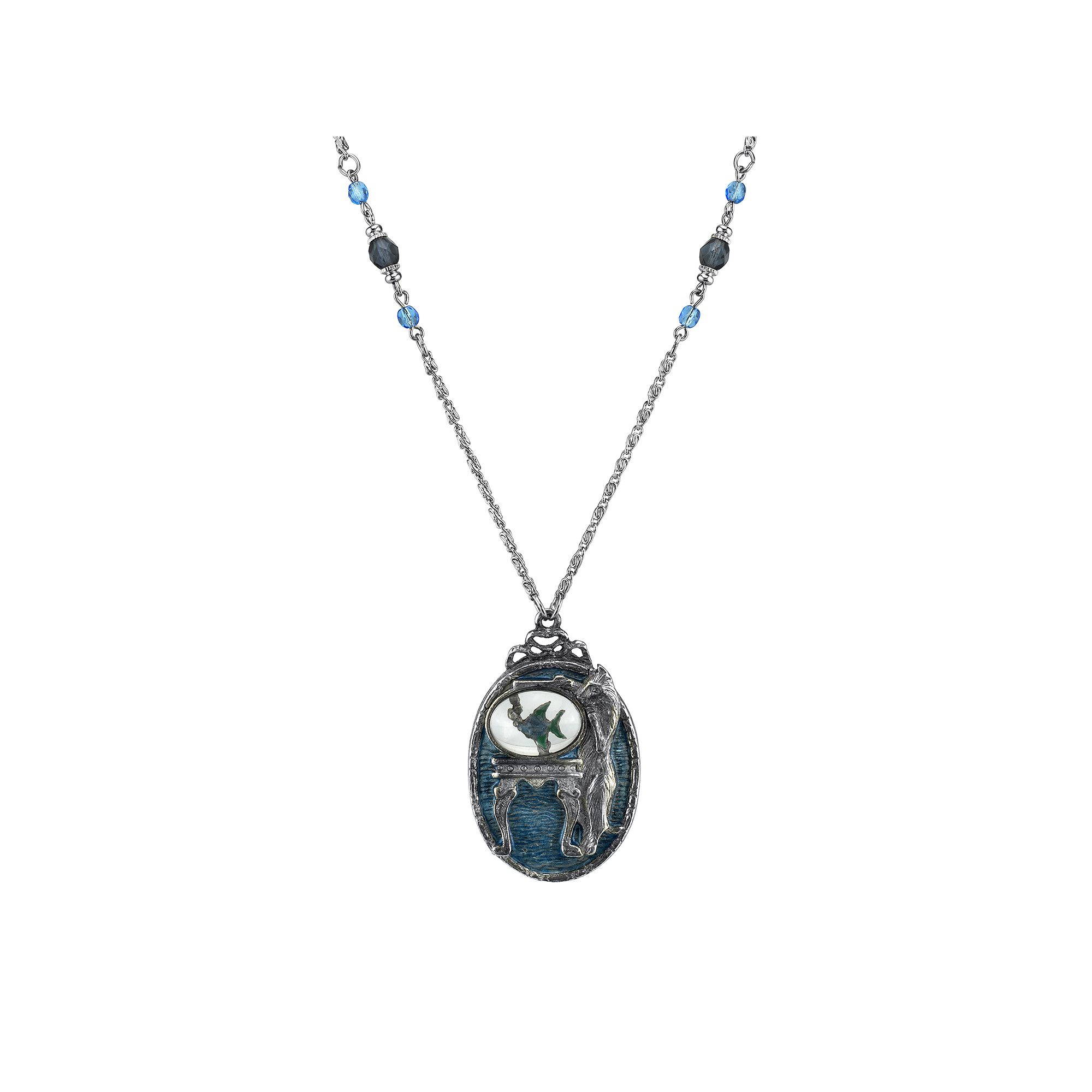 1928 Jewelry Pewter Cat with Blue Enamel Fishbowl Beaded Pendant Necklace, 