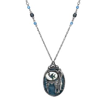 1928 Jewelry Pewter Cat with Blue Enamel Fishbowl Beaded Pendant Necklace