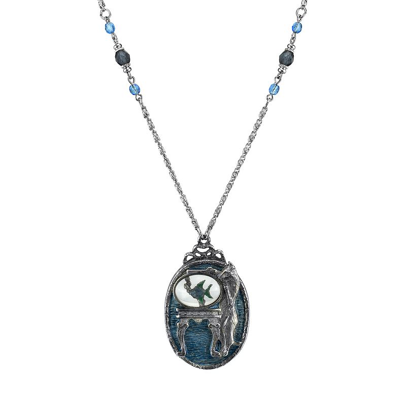 1928 Jewelry Pewter Cat with Blue Enamel Fishbowl Beaded Pendant Necklace, 