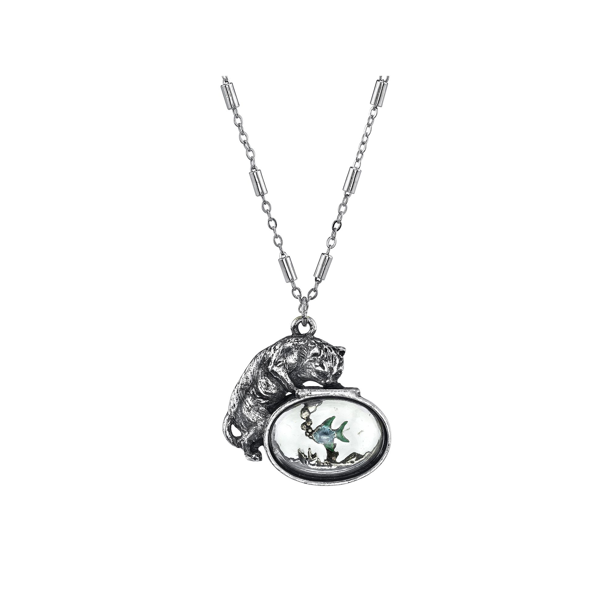 1928 Cat & Fish Pendant Necklace, Womens, Blue