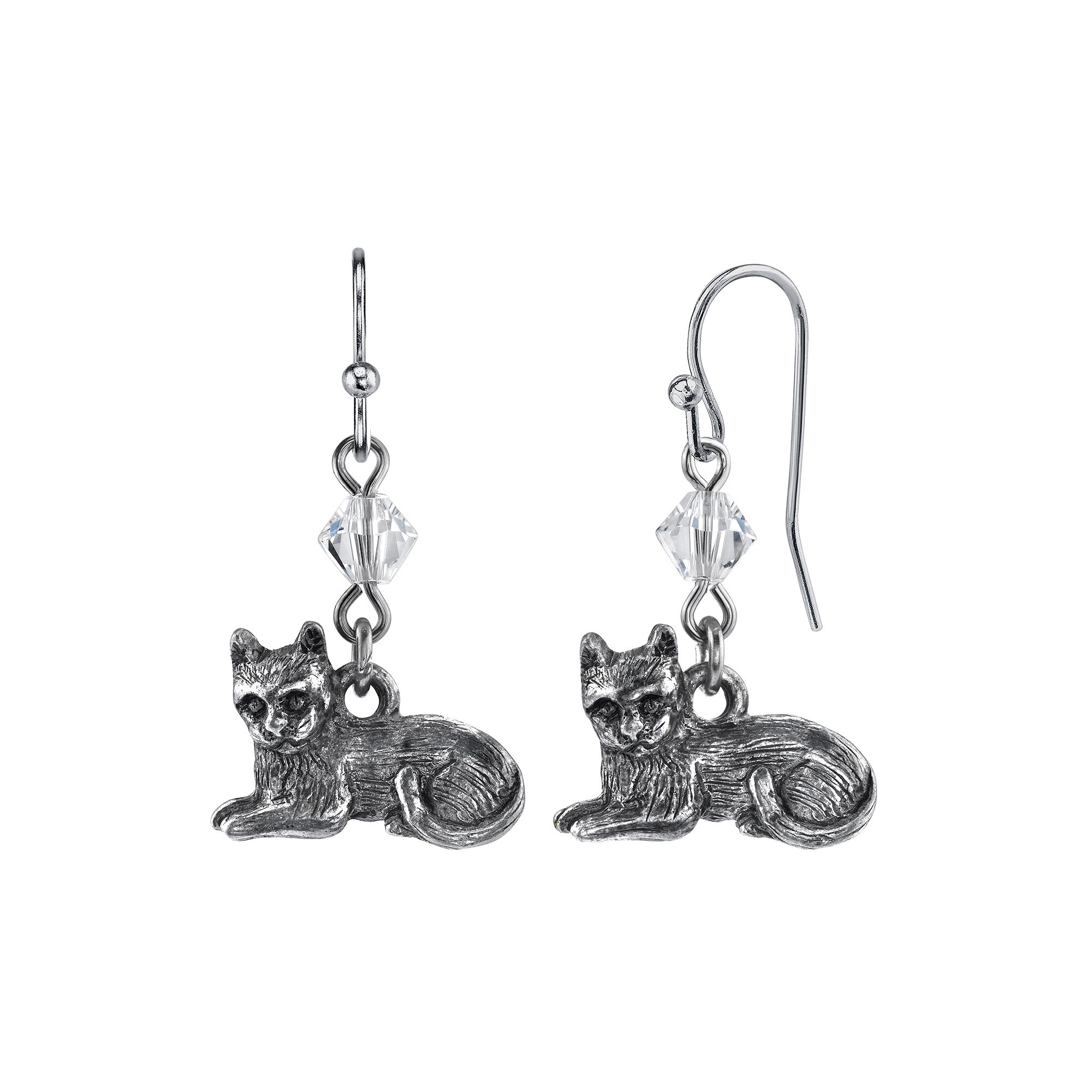 1928 Jewelry Clear Bead Detail Pewter Cat Wire Drop Earrings, Womens, Grey