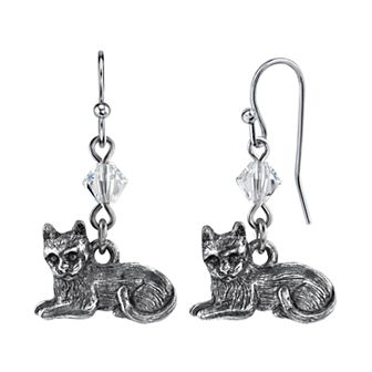 1928 Jewelry Clear Bead Detail Pewter Cat Wire Drop Earrings