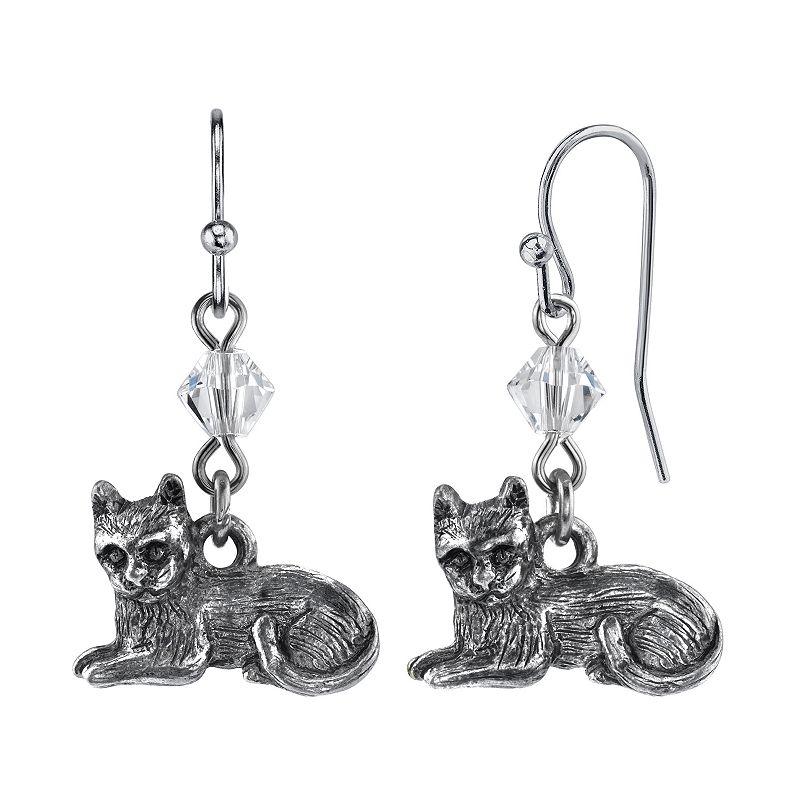 1928 Jewelry Clear Bead Detail Pewter Cat Wire Drop Earrings, Women's, Grey