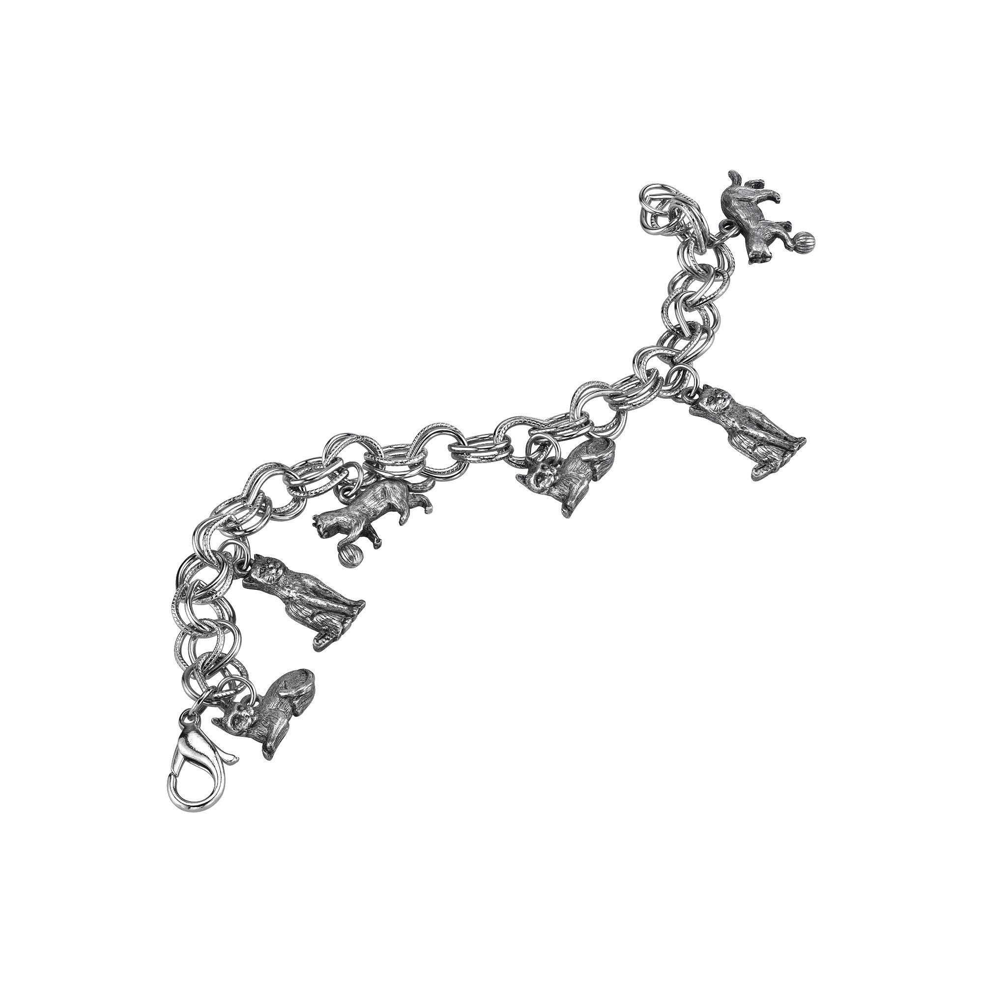 1928 Jewelry Silver Tone Antiqued Kitty Cat Charm Bracelet, Womens, Grey