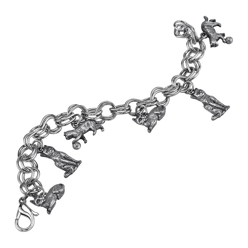 1928 Jewelry Silver Tone Antiqued Kitty Cat Charm Bracelet, Women's, Grey