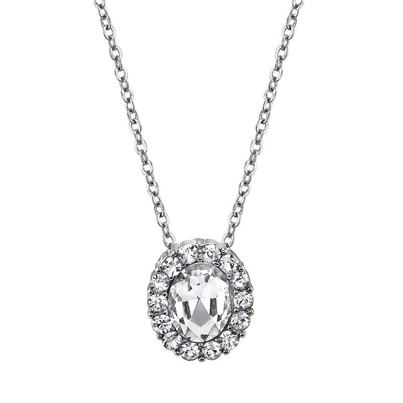 1928 Jewelry Silver Tone Crystal Oval Pendant Necklace, Women's, White