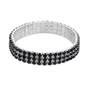 1928 Silver Tone Black 3 Row Rhinestone Stretch Bracelet
