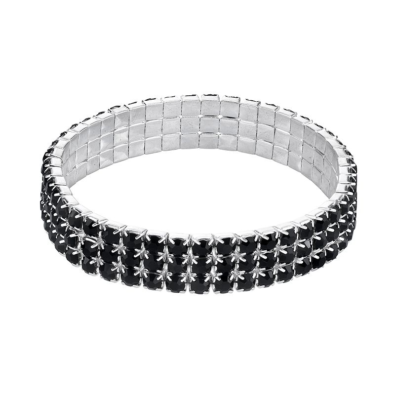 1928 Jewelry Silver Tone Black 3 Row Rhinestone Stretch Bracelet, Womens
