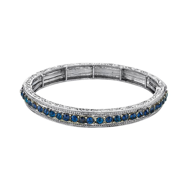 1928 Jewelry Silver Tone Sapphire Blue Color Crystal Stretch Bracelet, Wome