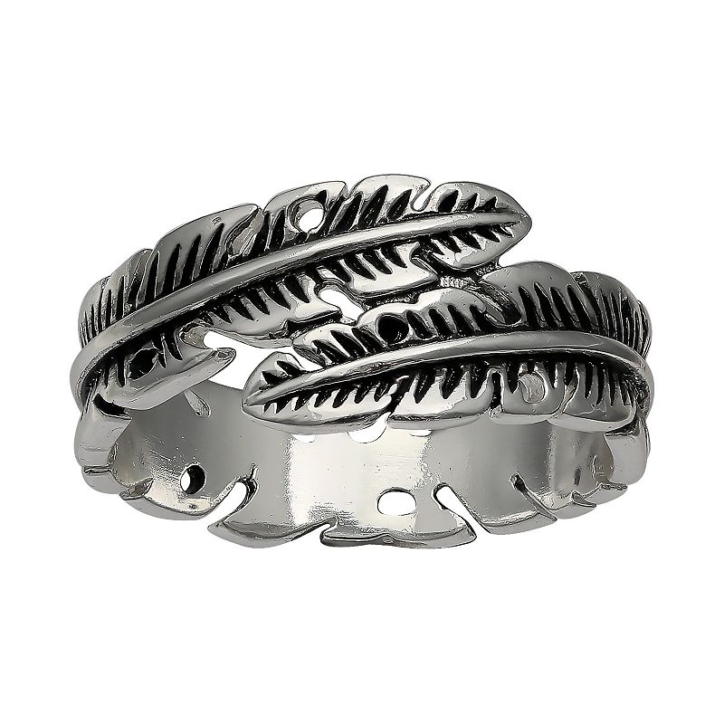 PRIMROSE Sterling Silver Oxidized Feather Bypass Ring, Womens, Size: 8, Gr