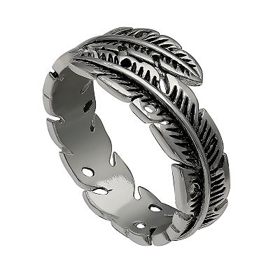 Womens PRIMROSE Primrose sterling silver polished oxidize feather bypass band, Size 9.