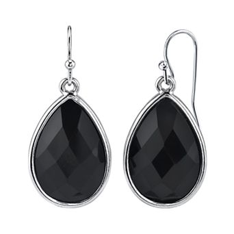 1928 Jewelry Silver Tone Black Faceted Pearshape Drop Earrings