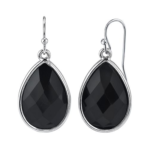 1928 Jewelry Silver Tone Black Faceted Pearshape Drop Earrings