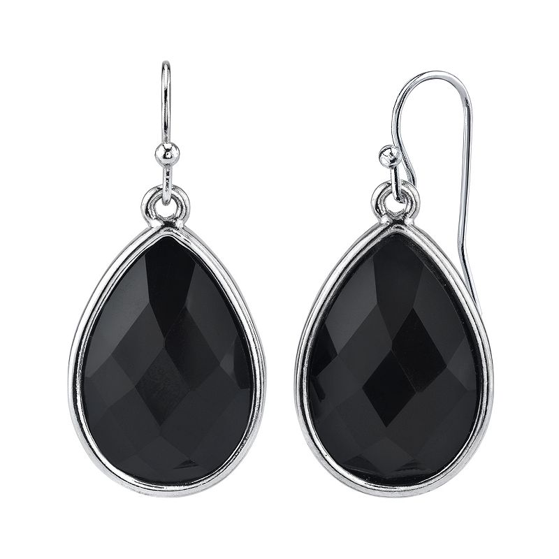1928 Jewelry Silver Tone Black Faceted Pearshape Drop Earrings, Womens