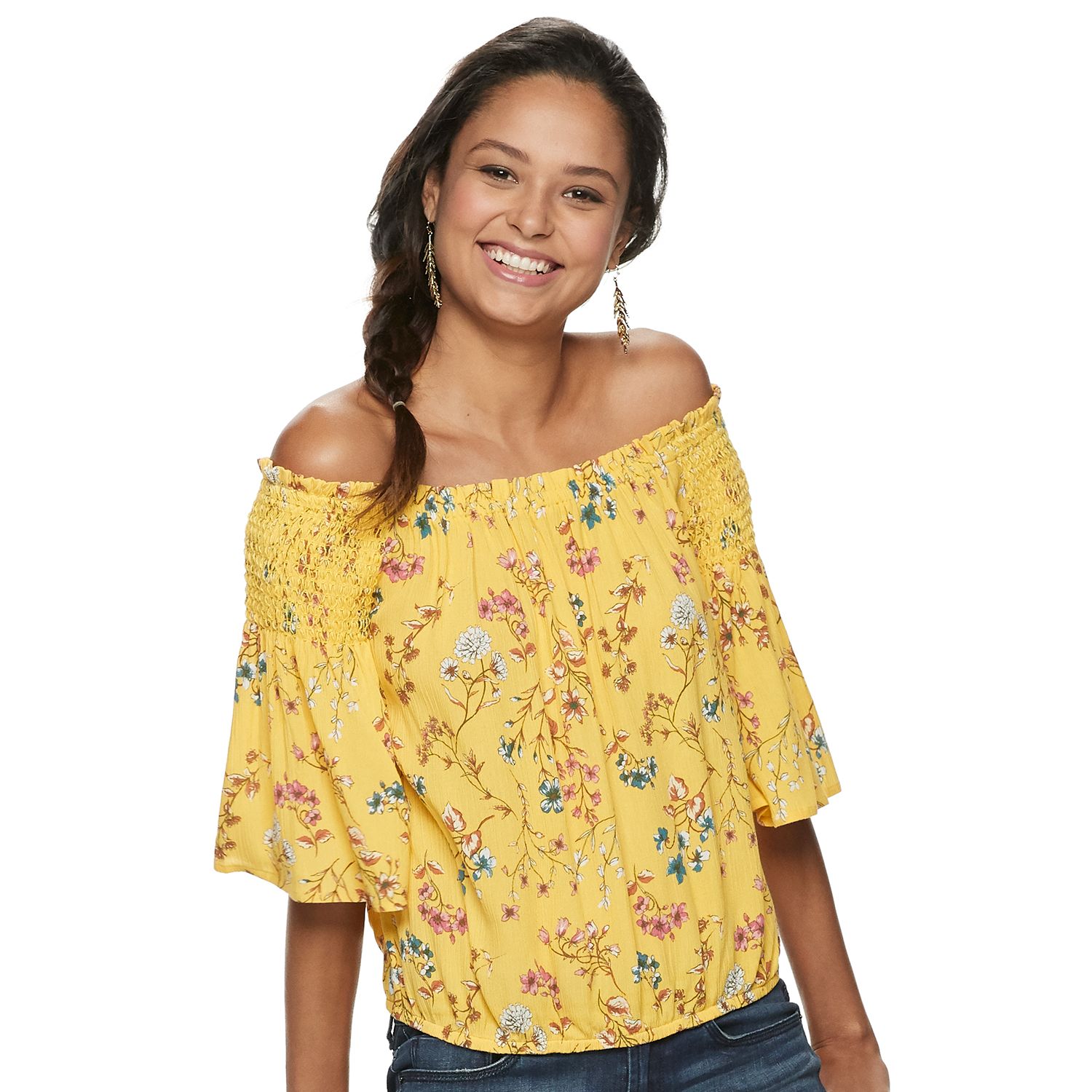 yellow smocked off the shoulder top