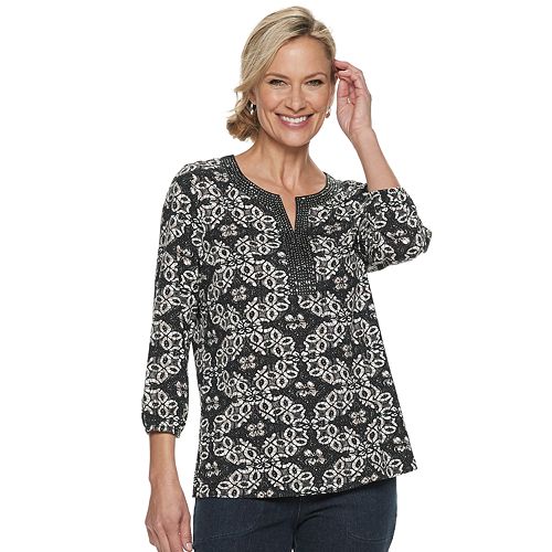 Petite Croft & Barrow® Embellished Print Splitneck Top