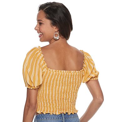 Juniors' Rewind Button Front Smocked Top