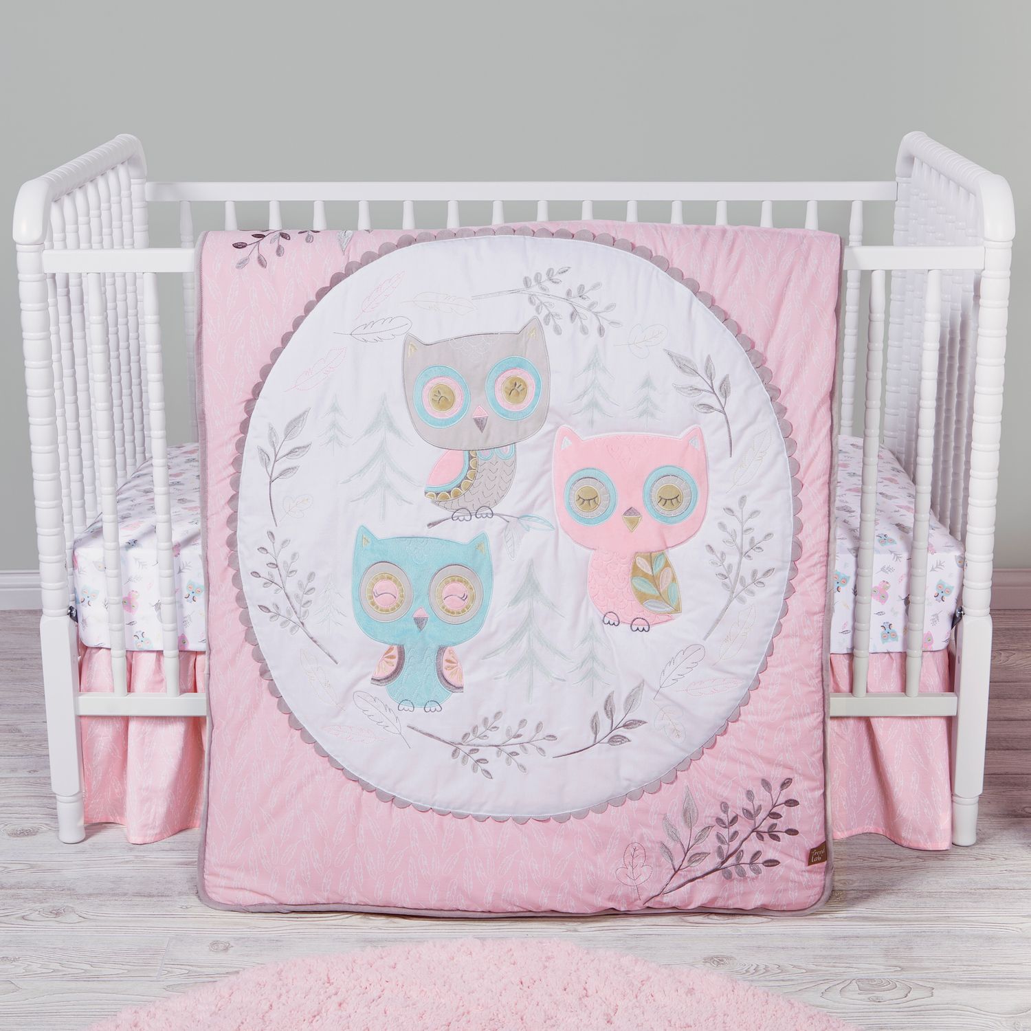 pink owl crib bedding set