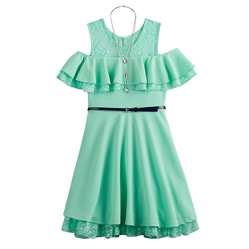 Girls 716 Beautees ColdShoulder Ruffle Skater Dress & Necklace Set