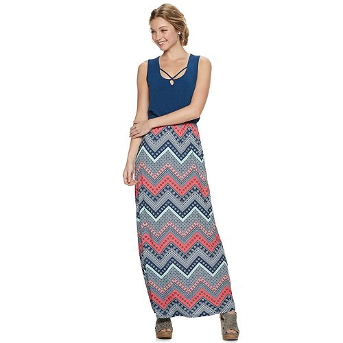 Juniors' Three Pink Hearts Cross Front Maxi Dress