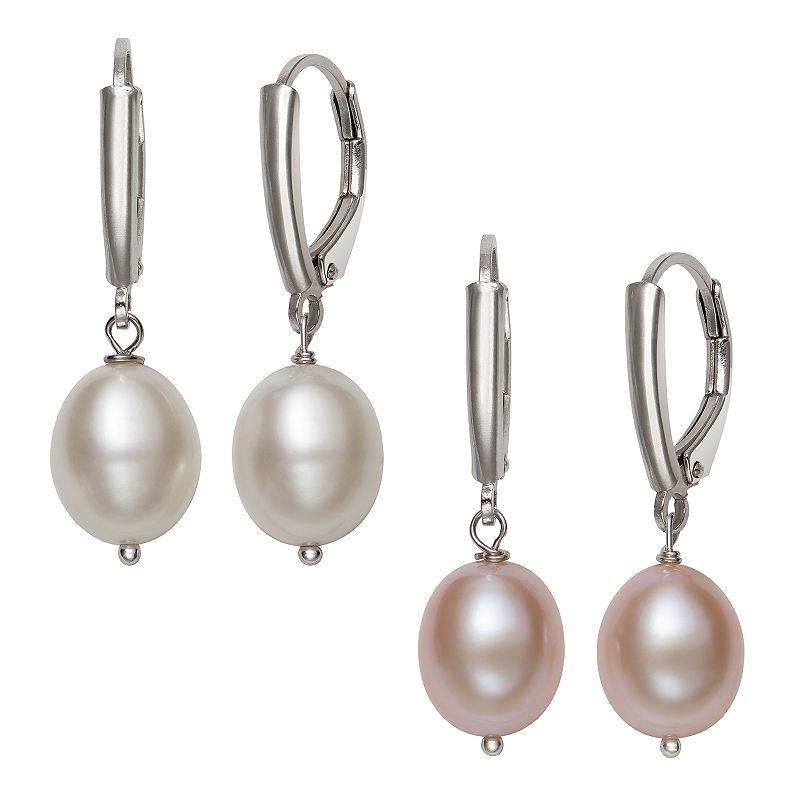 Sterling Silver 2-Pair Freshwater Cultured Pearl Earring Set, Womens