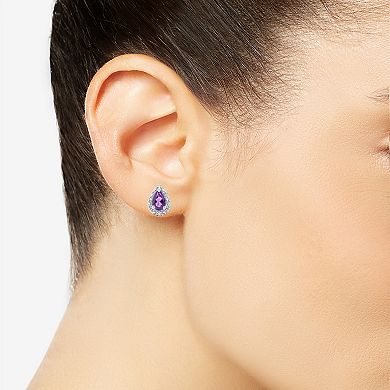 Celebration Gems Sterling Silver Pear Shaped Genuine Amethyst Diamond Accent Stud Earrings