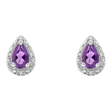 Celebration Gems Sterling Silver Pear Shaped Genuine Amethyst Diamond Accent Stud Earrings