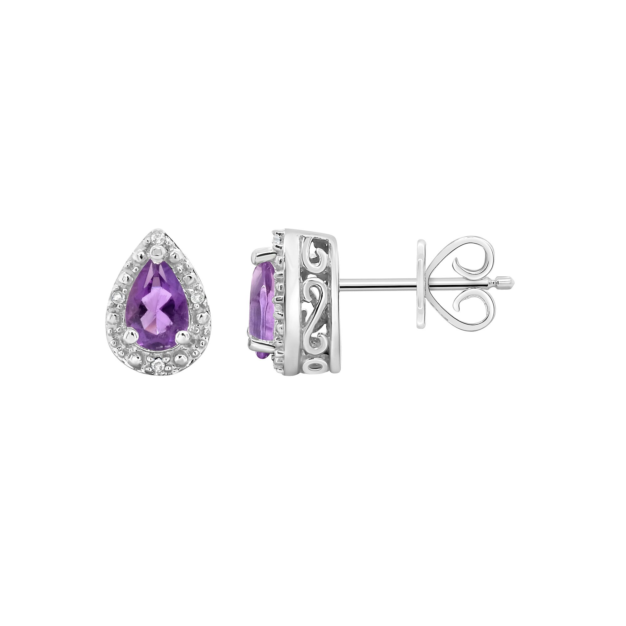 Celebration Gems Sterling Silver Pear Shaped Genuine Amethyst Diamond Accen