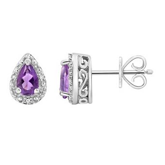 Celebration Gems Sterling Silver Pear Shaped Genuine Amethyst Diamond Accent Stud Earrings