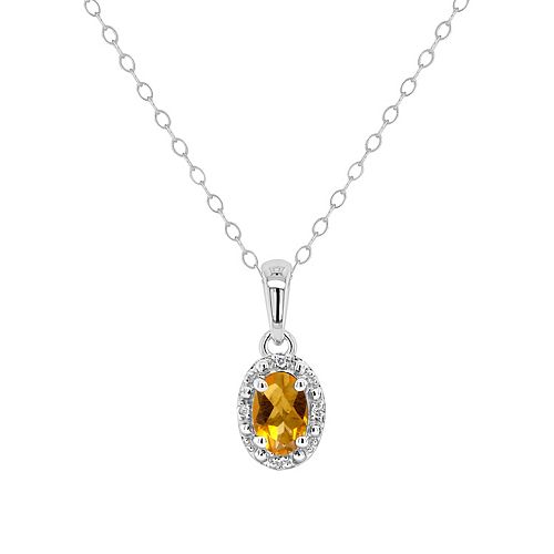 Sterling Silver Oval Genuine Citrine Diamond Accent Frame Pendant Necklace