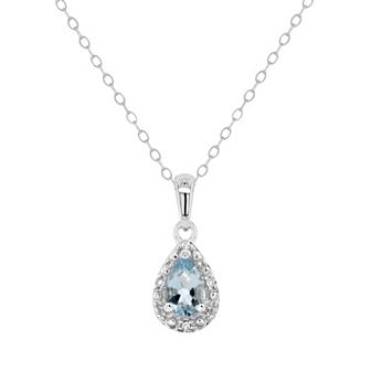 Celebration Gems Sterling Silver Pear Shaped Genuine Aquamarine Diamond Accent Frame Pendant Necklace