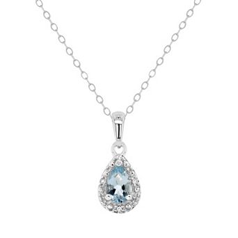 Celebration Gems Sterling Silver Pear Shaped Genuine Aquamarine Diamond Accent Frame Pendant Necklace