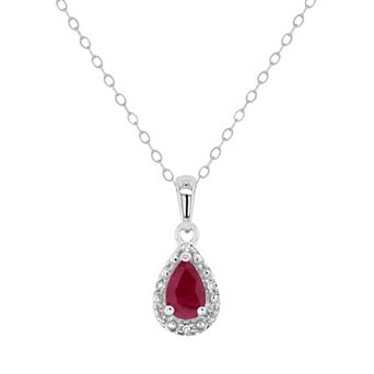 Celebration Gems Sterling Silver Pear Shaped Genuine Ruby Diamond Accent Frame Pendant Necklace