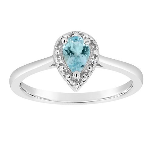 Sterling Silver Pear Shaped Genuine Aquamarine Diamond Accent Frame Ring