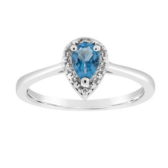 Celebration Gems Sterling Silver Pear Shaped Genuine Aquamarine Diamond Accent Frame Ring