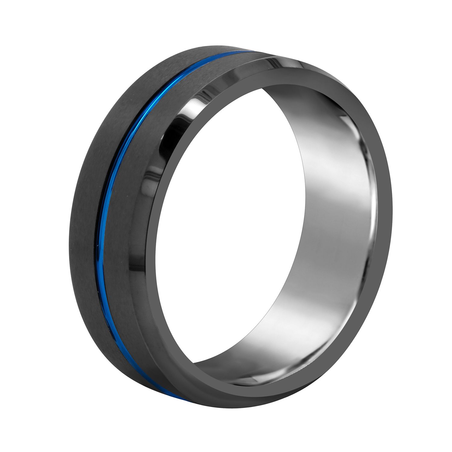 Black Tungsten Ring With Silver Center Line - 8mm Wide High Polish Band