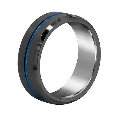 Men's 8mm Black & Blue Ion-Plated Tungsten Wedding Band Ring
