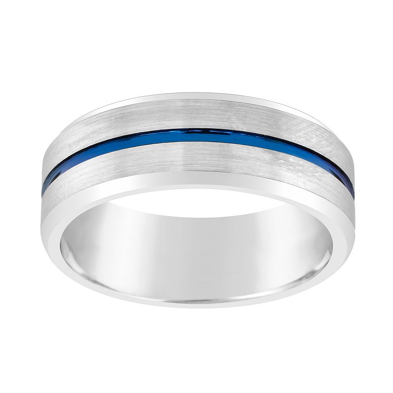 Mens 8mm Black & Blue Ion-Plated Tungsten Wedding Band Ring, Size: 7