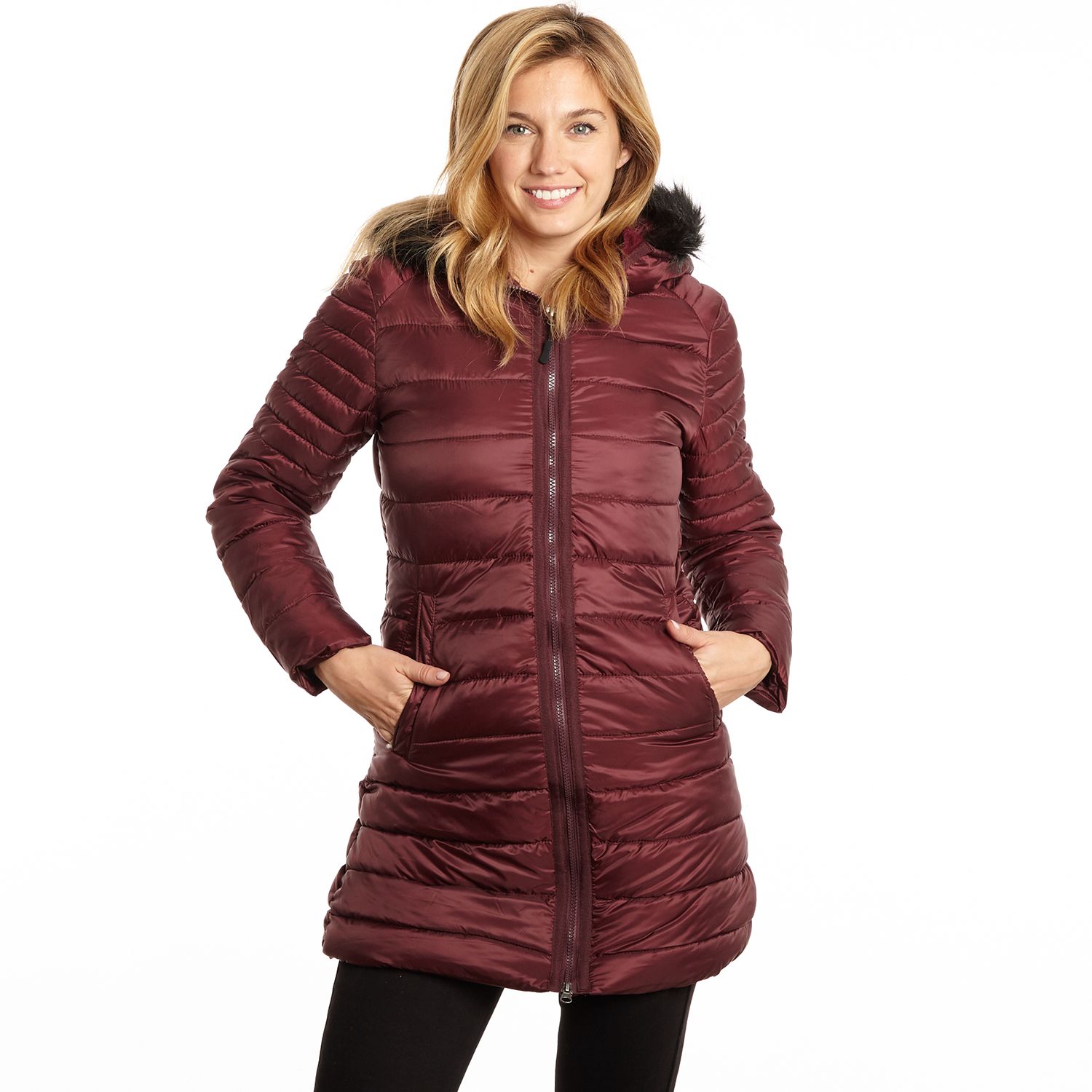 womens red puffer jacket with fur hood