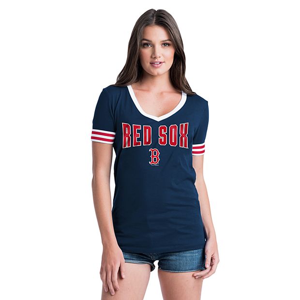 MLB Boston Red Sox Womens Short Sleeve V-Neck Shirt-Blue-Size