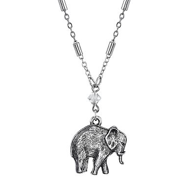 1928 Jewelry Engraved Pewter Elephant Drop Chain Necklace