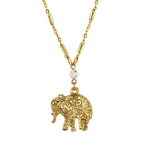 1928 Jewelry Engraved Pewter Elephant Drop Chain Necklace