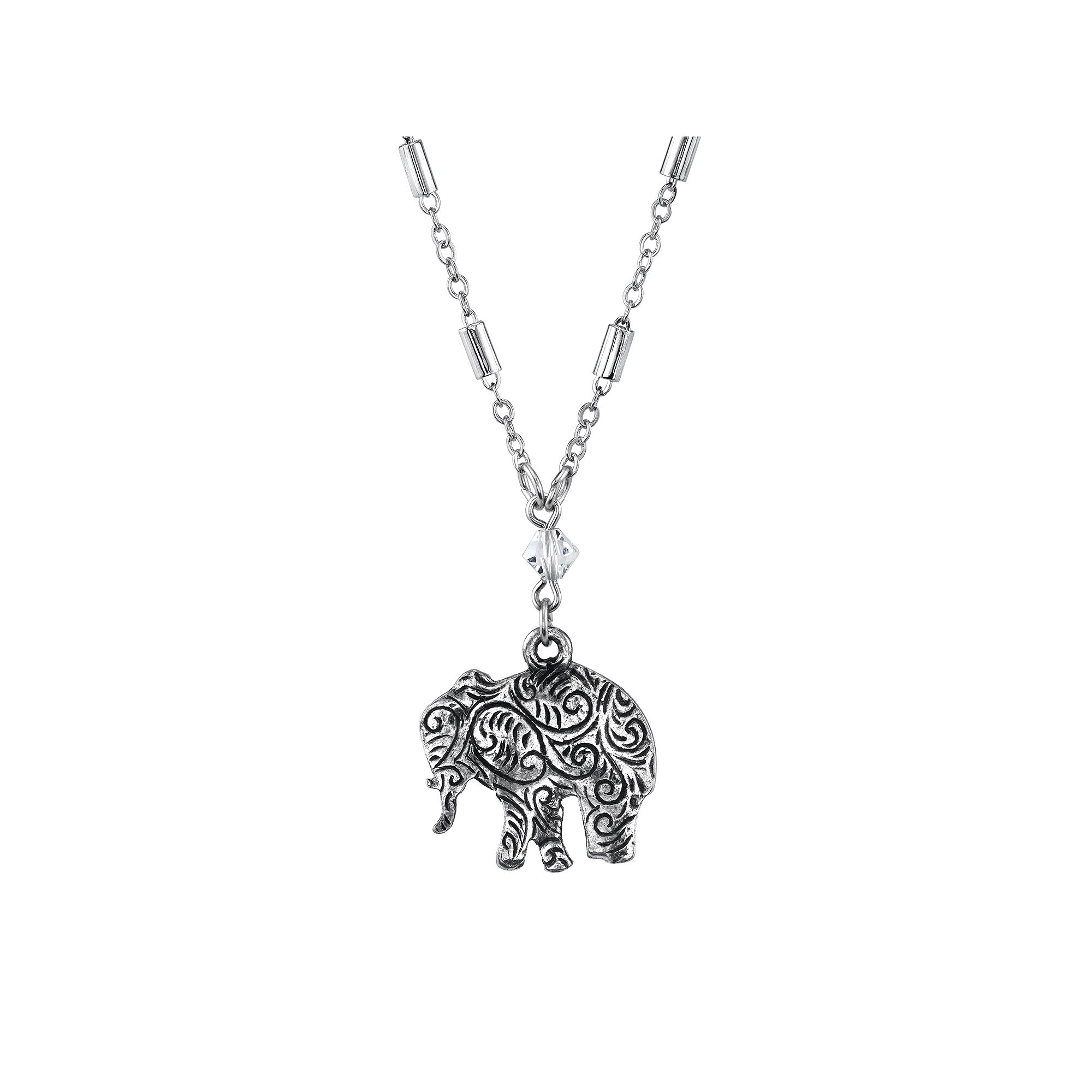 1928 Jewelry Engraved Pewter Elephant Drop Chain Necklace, Womens, Silver 