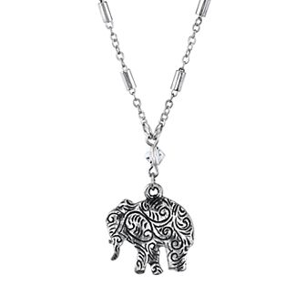 1928 Jewelry Engraved Pewter Elephant Drop Chain Necklace