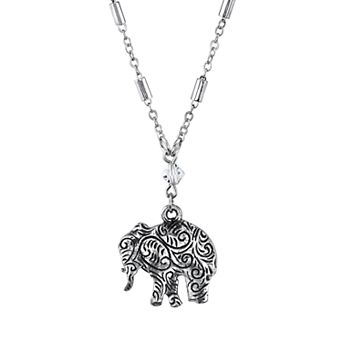 1928 Jewelry Engraved Pewter Elephant Drop Chain Necklace
